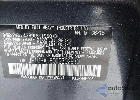 2015 Subaru Impreza 2.0I Sport Premium из США, поврежденный, VIN JF1GPAT60FG302930